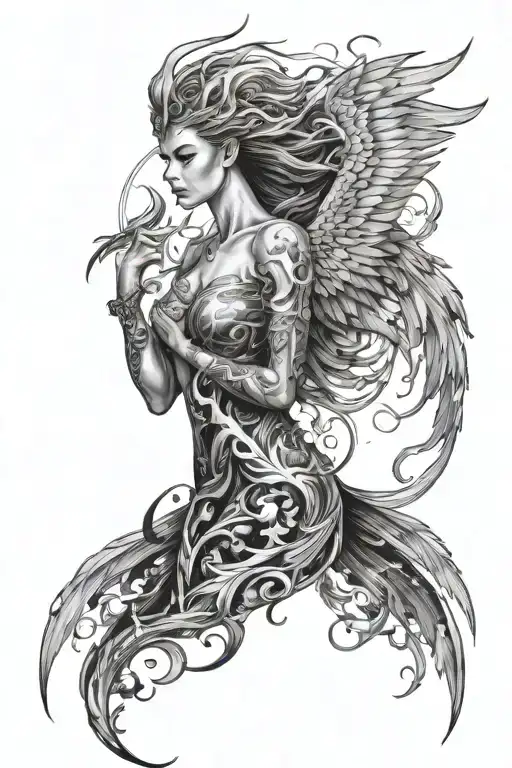 featuring a phoenix on the shoulder, mystical witches, an angel ascending into space, smoke and cosmic elements  tattoo design idea