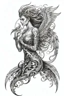featuring a phoenix on the shoulder, mystical witches, an angel ascending into space, smoke and cosmic elements  tattoo design idea