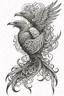 featuring a phoenix on the shoulder, mystical witches, an angel ascending into space, smoke and cosmic elements  tattoo design idea
