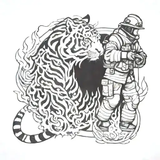 firefighter and fire and tiger exiting the fire flames tattoo design idea