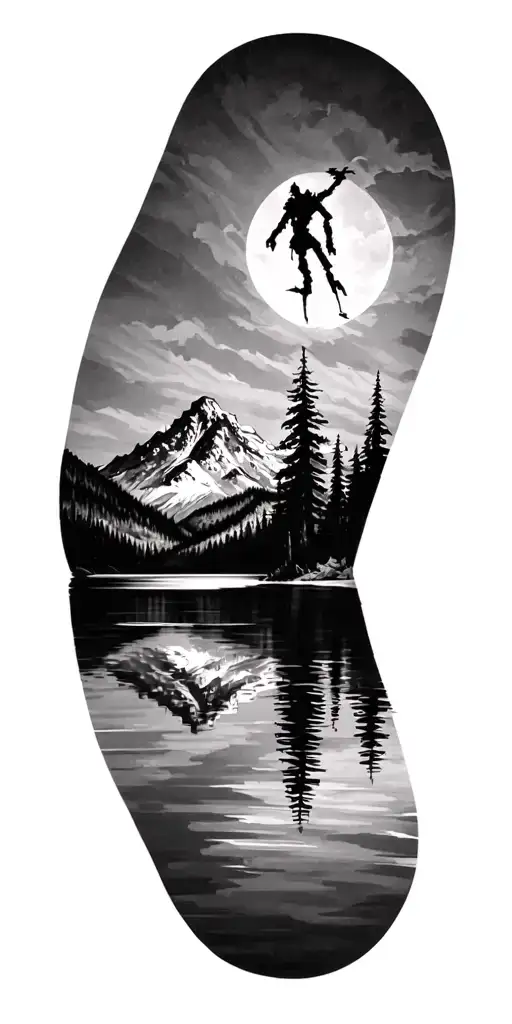 A silhouette of a mountain range reflecting in a tranquil lake with a hidden voodoo doll tattoo design idea