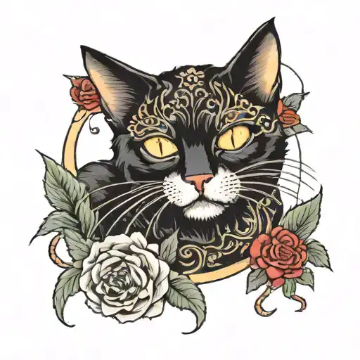 black cat with a wilted rose   tattoo design idea