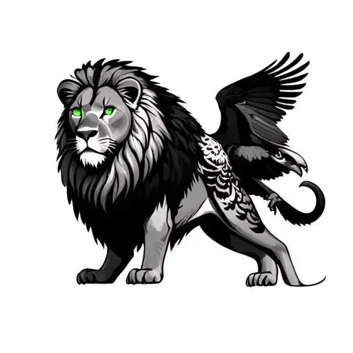 a lion with a falcon on its back and both have glowing green eyes tattoo design idea