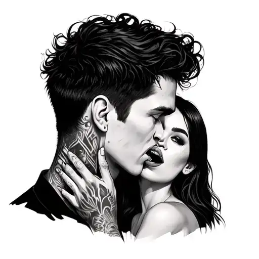 tattoed man with hand around girls throat and her biting her lip  tattoo design idea