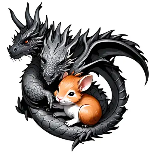 earth element dragon and  little cute ginger  fire element mouse, both sleeping, dragon curled around little mouse tattoo design idea