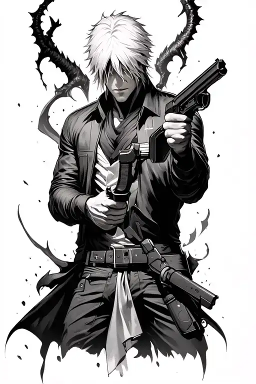 Dante from devil may cry 3 holding guns with his devil trigger behind him tattoo design idea