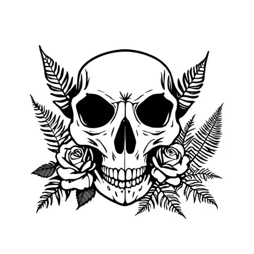 Animal skull, roses, ferns tattoo design idea