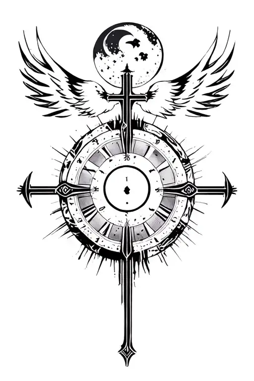 cross Phoenix triple moon sand clock tattoo design idea