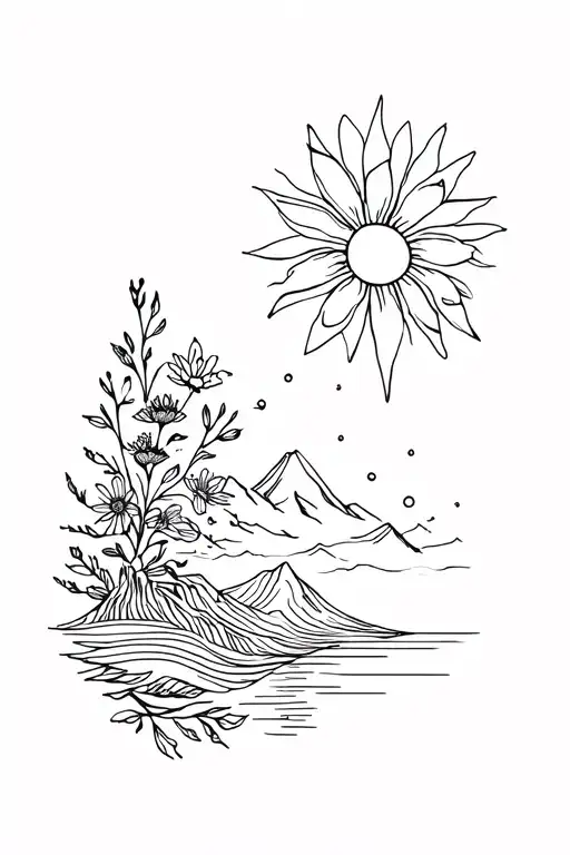 fine line spine tattoo with flowers and mountains, and the sun, and water  tattoo design idea