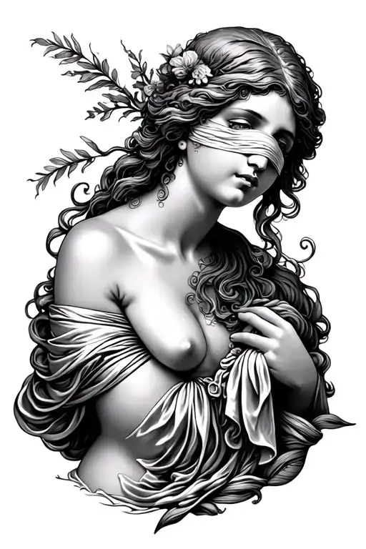 Create me a tattoo with a, beautiful woman like the birth of venus with a blindfold over its eyes tattoo design idea