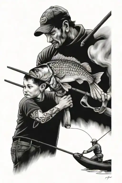 father son fishing rod transforming tattoo design idea