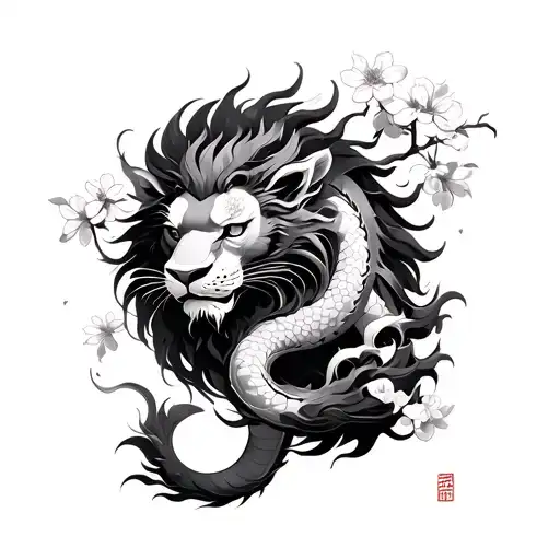 Chinese dragon wrapped around a lion and cherry blossom tattoo design idea