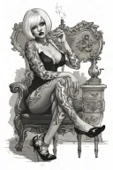 Sexy Woman, short white bob hairstyle, Petite Body, huge cleavage, Thick Thighs, Big booty, Smoking cigarette, side view tattoo design idea