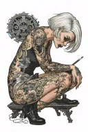 Sexy Woman, short white bob hairstyle, Petite Body, huge cleavage, Thick Thighs, Big booty, Smoking cigarette, side view tattoo design idea