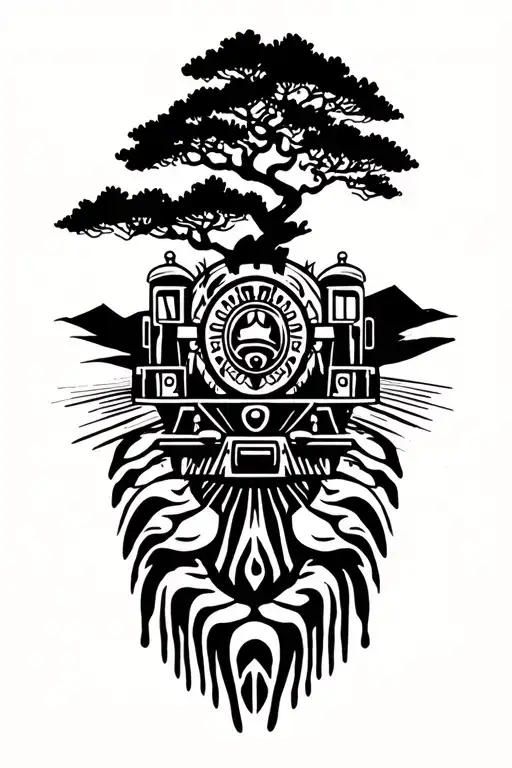 coal train in a desert, bonsai tree, horse, tattoo design idea