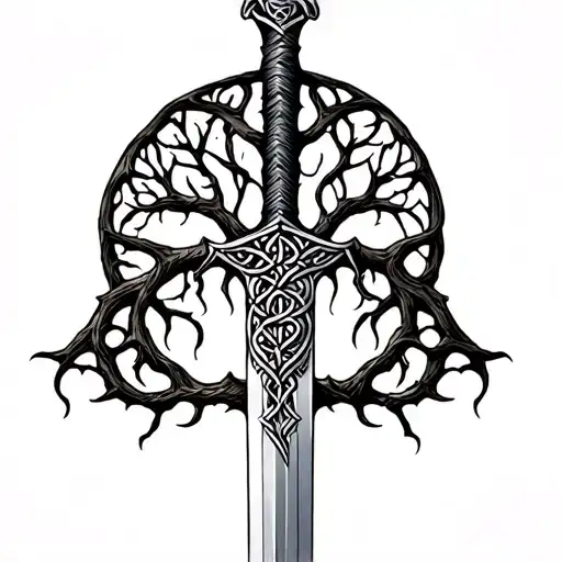 celtic tree of life as a handle of a sword tattoo design idea