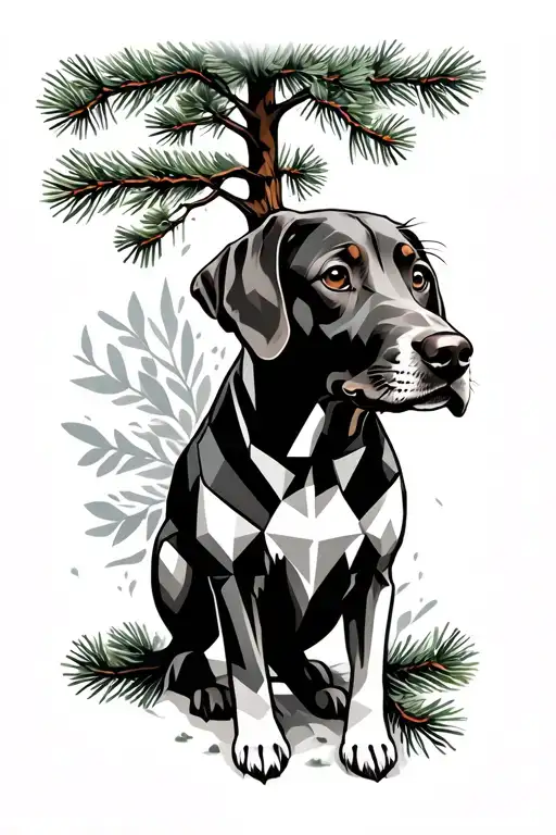 geometric pine tree and vizsla dog tattoo design idea