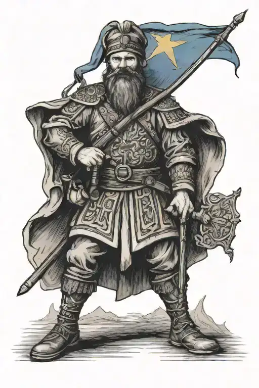 Full body of a cossack holding a trident with a ukrainian flag in the background tattoo design idea