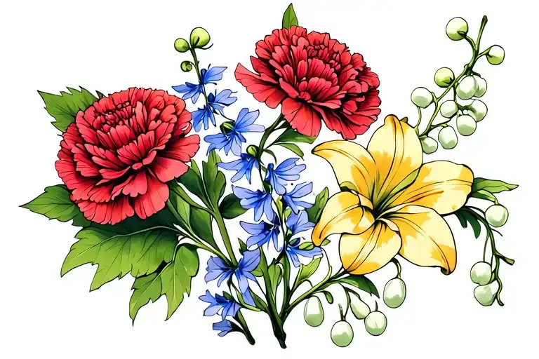floral bouquet with no stems with two carnations one larkspur and one lily of the valley with a vine going through  tattoo design idea