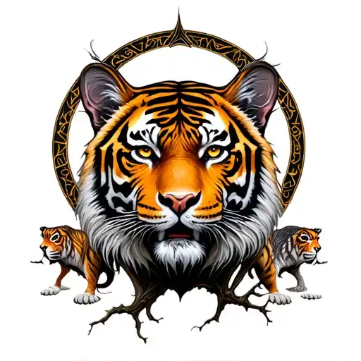 yggdrasil tree with tiger and vegvisir symbol tattoo design idea