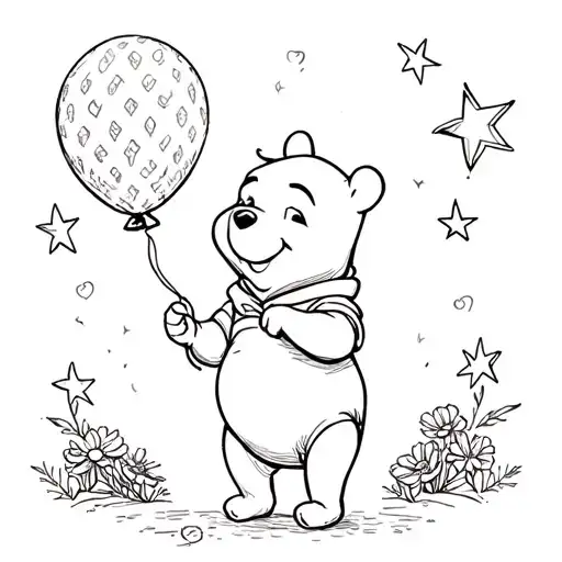 Winnie the Pooh holding a balloon surrounded by stars and flowers  tattoo design idea