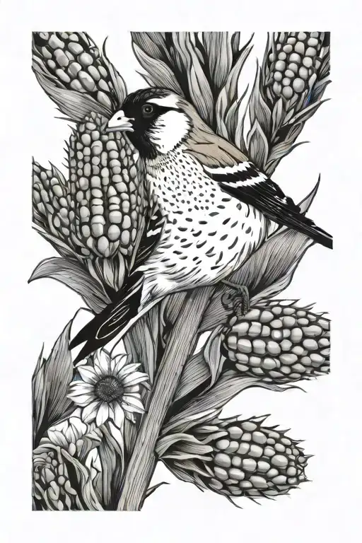Stalk of corn with a goldfinch perched tattoo design idea
