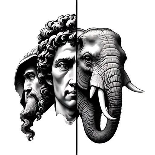 half marcus aurelius face and half elephant tattoo design idea
