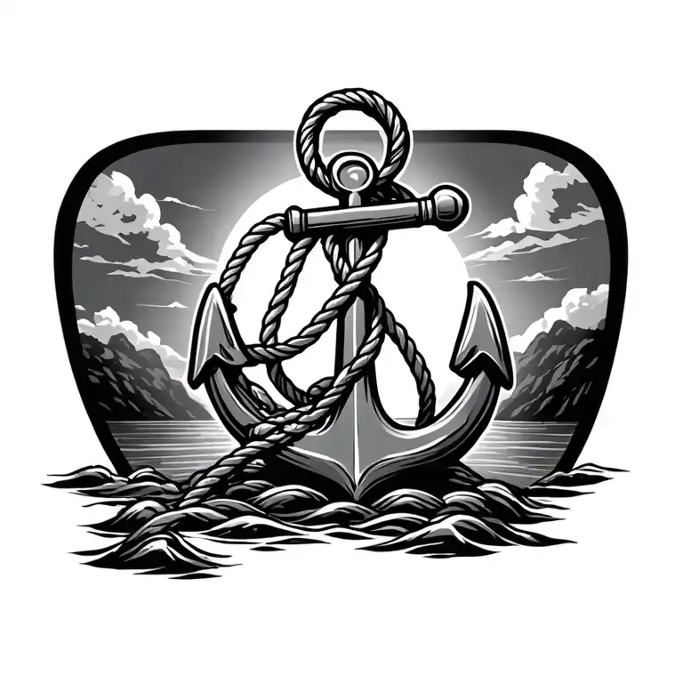 Black and gray tattoo design. A bold traditional anchor with rope draped around it, set firmly on a small island surroun tattoo design idea