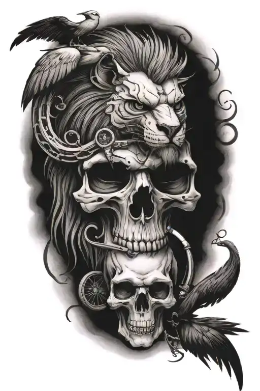 Skull birds bike truth speaking invincible lion tattoo design idea