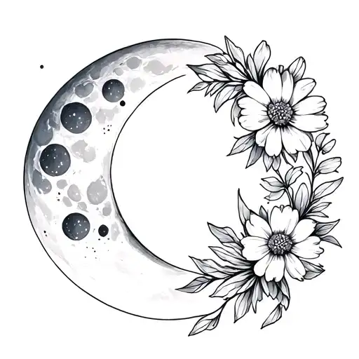 Waxing Gibbous and waxing crescent moon phase with cosmos flower petals tattoo design idea