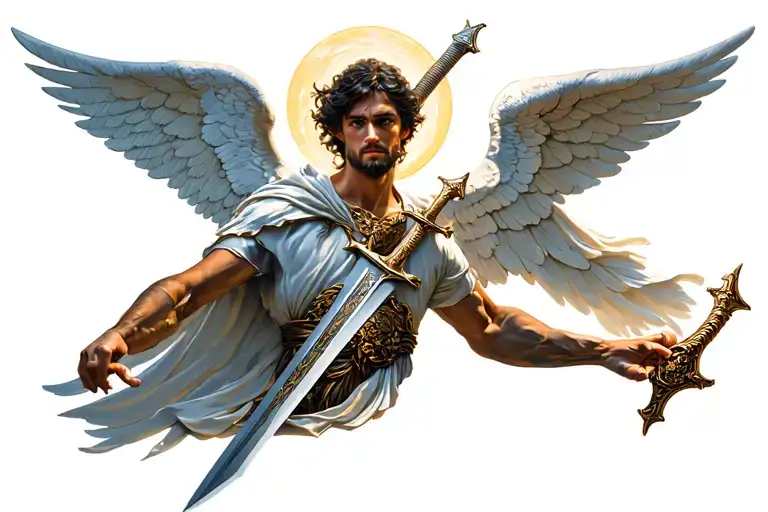 Saint Archangel Michael with a sword and wings spread tattoo design idea