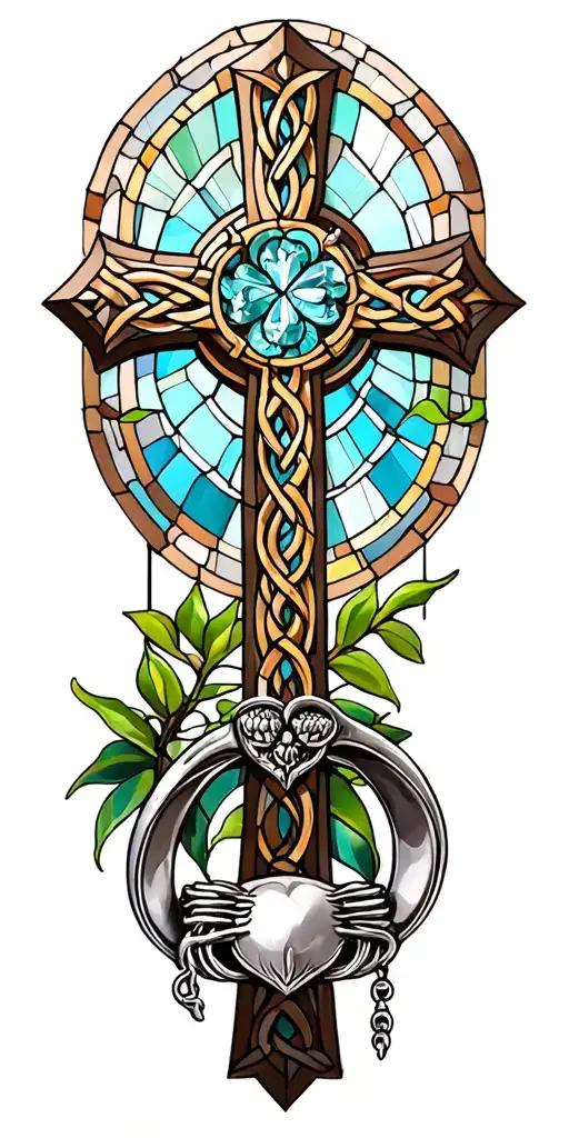 Stained Glass Celtic cross with claddagh ring tattoo design idea