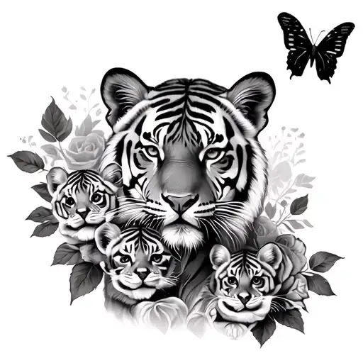 mama tiger and 4 cubs roses and butterfly's tattoo design idea