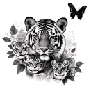 mama tiger and 4 cubs roses and butterfly's tattoo design idea
