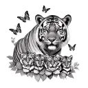 mama tiger and 4 cubs roses and butterfly's tattoo design idea
