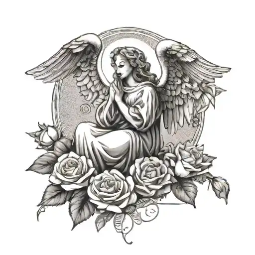 A dotwork tattoo of a guardian angel surrounded by a bed of roses tattoo design idea