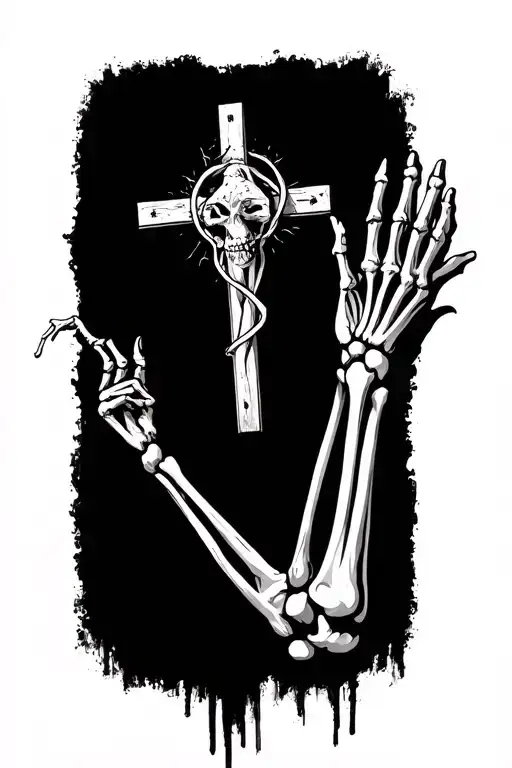 fading away skeleton arm reaching upwards towards a Christian cross tattoo design idea