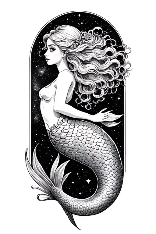 "Kimberly" curly mermaid galaxy merging tattoo design idea
