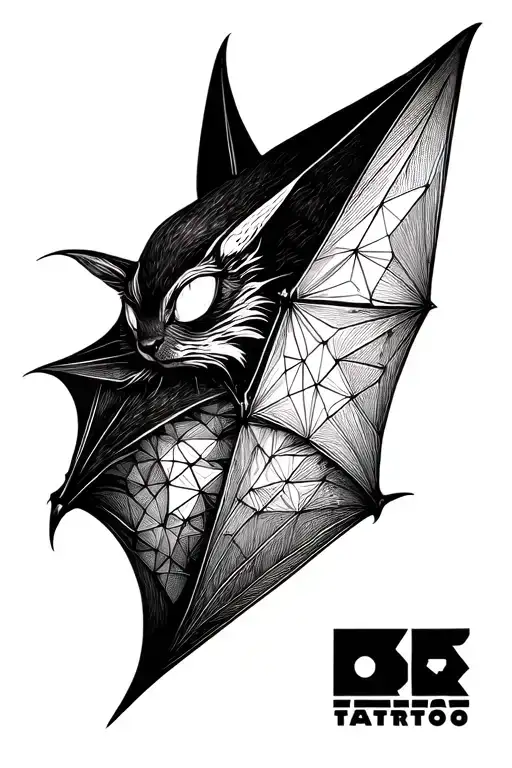 Tattoo design of a geometric, stylized bat, symmetrical and minimalist blackwork style.Include subtly hidden alchemical tattoo design idea