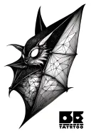 Tattoo design of a geometric, stylized bat, symmetrical and minimalist blackwork style.Include subtly hidden alchemical tattoo design idea