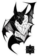 Tattoo design of a geometric, stylized bat, symmetrical and minimalist blackwork style.Include subtly hidden alchemical tattoo design idea