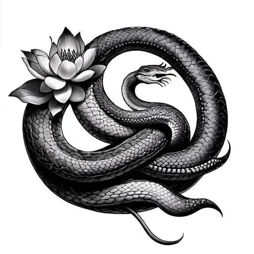 ouroboros snake with lotus, snake eat their own tail  tattoo design idea