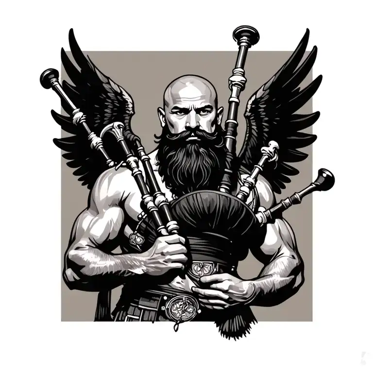 scottish bagpiper bald black beard muscular wearing glengarry pipes in arm big black wings shirtless tattoo tattoo design idea
