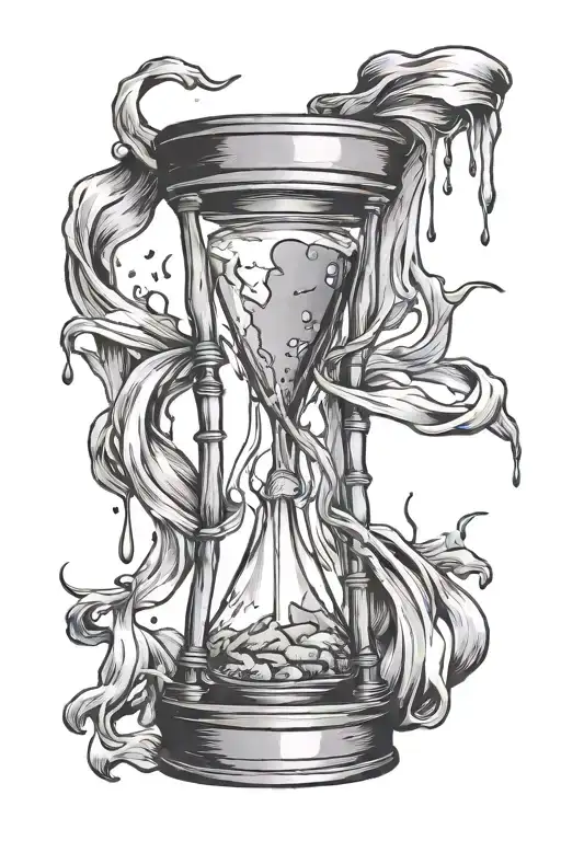 Rotating hourglass full of blood pierced by drum sticks tattoo design idea