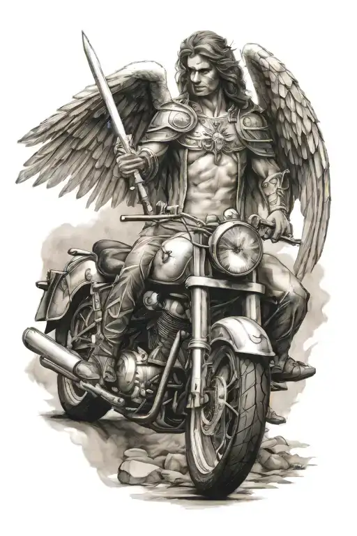 motorbike angel holding a sword tattoo design idea