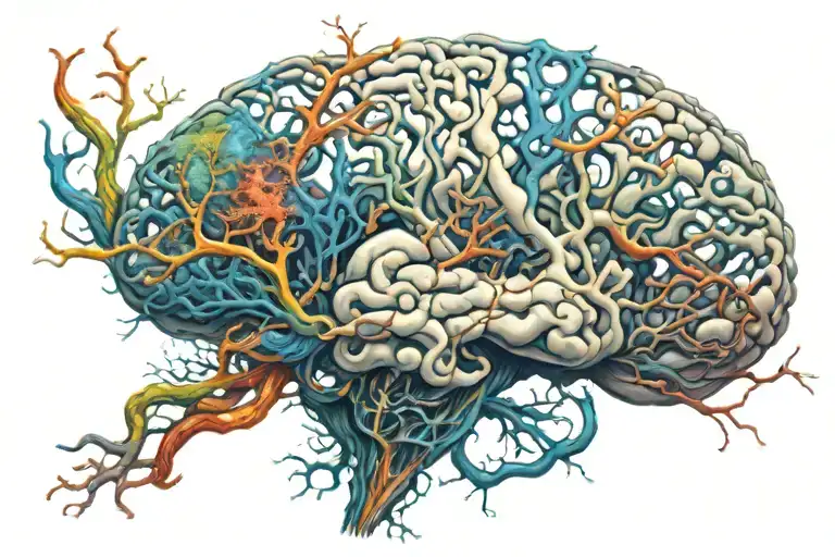 An intricate brain design with colorful neurons flowing out like a river, showcasing the beauty and complexity of the mind tattoo design idea