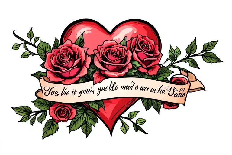 Heart with roses and text in the middle part tattoo design idea