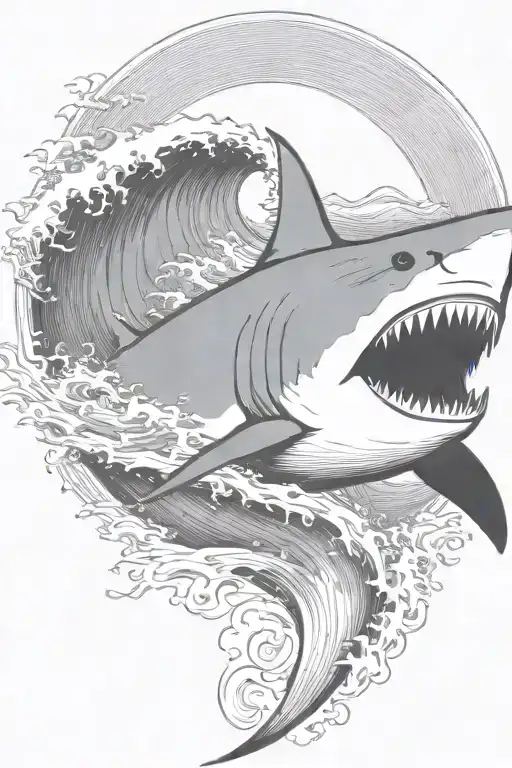 waves crashing shark tattoo design idea
