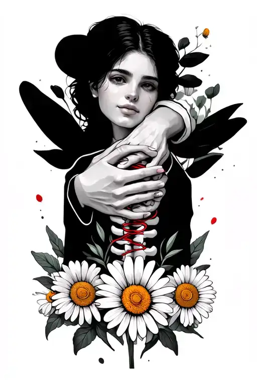 Tattoo of couple hands pinky promises with red string attaching pinky fingers, inside of rib cage, surrounded by daisies tattoo design idea