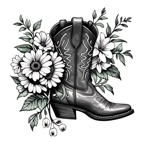fine line cowboy boot with the flowers (rose, violets, daisies, lilly of the valley, and gladiolus) growing out tattoo design idea